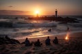 people sitting on the beach, watching a lighthouse beam light over the waves