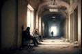 People sitting on bench along windows in dirty abandoned house