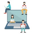 People sitting on big notebook. Social network web site. Surfing concept illustration of young people using lap top Royalty Free Stock Photo