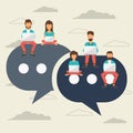 People sitting on big symbols. Speech bubbles for comment and reply concept. Flat vector illustration