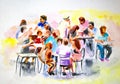 People sitting in a cafe painted in watercolor Royalty Free Stock Photo
