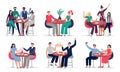 People sitting at cafe table. Couples in love on date, cafe meeting with friends vector illustration set Royalty Free Stock Photo