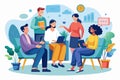 People sitting in a circle around a laptop, engaging in group therapy or collaborative work, Group therapy Customizable Flat Royalty Free Stock Photo