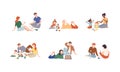 People sitting on floor playing board games set. Parents and kids playing toys together vector illustration Royalty Free Stock Photo