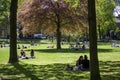 People sitting and have a picnic in a city park and are maintaining social distancing due to the coronavirus covid-19 pandemic