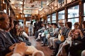 People sitting in a historical tramway to Arashiyama in Kyoto