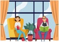 People sitting at home together and having rest. Knitting lady and man in glasses reading book