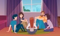 People sitting. Male and female characters sitting knees in room interior exact vector background template in cartoon