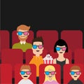People sitting in movie theater eating popcorn. Love couple, kids, man, children.