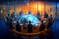 People are sitting at a round table in front of projection of the planet Earth, solving global problems