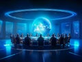 People are sitting at a round table in front of projection of the planet Earth, solving global problems