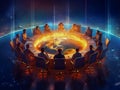 People are sitting at a round table in front of projection of the planet Earth, solving global problems