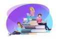 People sitting on stack of books, holding digital gadgets. Vector.