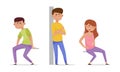 People sitting and standing leaned against the wall set. Cheerful girl and boys characters cartoon vector illustration