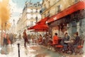 Watercolor illustration of a street cafe with red canopy in Paris on a summer day Royalty Free Stock Photo