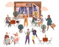 People sitting in street cafe set. Visitors talking, eating and drinking at cafeteria vector illustration