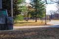 People sitting in a swing in the park surrounded by lush green trees and plants and autumn colored trees and other people walking