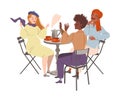 People sitting at table in cafe or restaurant. Friends talking, eating and drinking at cafeteria vector illustration