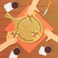 People Sitting at Table and Eating Pizza Together, Top View Vector Illustration