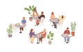 People sitting at tables in cafe or restaurant vector flat illustration. Man, woman and couple talking, eating, drinking