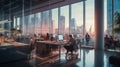 People sitting at their desks working in a modern office with large windows located in the financial district. Corporate Royalty Free Stock Photo