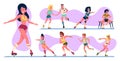 People skaters. Vintage old style active people rollers exact vector fitness activity concept illustrations