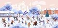 People skating on city ice rink on winter holidays. Families, kids outdoors at Christmas vacation. Cityscape with snow Royalty Free Stock Photo