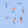 People skating and having fun on ice rink. Winter season sport illustration.