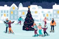 People skating on ice rink around decorated Christmas Tree. Vector flat cartoon illustration. New Year holiday event Royalty Free Stock Photo