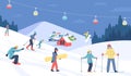 People on ski resort. Winter resting in mountains. Adults and children skiing and snowboarding. Outdoor seasonal sport Royalty Free Stock Photo