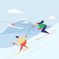 People Skiing. Man and Woman Skiers Riding Downhills at Winter Season. Sport Activity Lifestyle on Mountain Resort Royalty Free Stock Photo