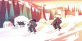 people skiing man woman tourists couple doing activities winter vacation concept sunset snowfall landscape background