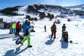 People skiing and snowboarding in Slopes of Grandvalira ski area in Andorra Pyrenees Mountains Royalty Free Stock Photo