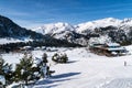 People are skiing and snowboarding in Slopes of Grandvalira ski area in Andorra Pyrenees Mountains Royalty Free Stock Photo