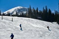 People skiing and snowboarding on snowy hill at Breckenridge Ski resort. Extreme winter sports.