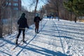 People skiing after snowfall in Montreal