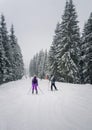 People skiing on the snowy slope of Bukovel ski resort in the Ukrainian Carpathian mountains. Snow falling scene, blizzard frosty Royalty Free Stock Photo