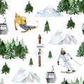 People skiing watercolor seamless pattern