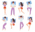 People sleep poses. Men and women in different sleeping positions, girls and boys in pajamas lying, top view, recumbent Royalty Free Stock Photo