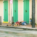 People sleep at the street in the French Quarter in New Orleans