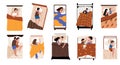 People sleeping in bed. Cartoon characters lying under blankets, dreaming and resting, various young and adult