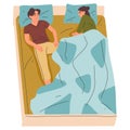 People sleeping in bed, resting characters. Tired couple resting in bed under blankets isolated flat vector illustration on white