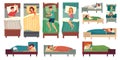 People sleeping in beds. Adult man in bed, asleep woman and young kids sleep vector illustration set Royalty Free Stock Photo