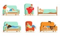 People Sleeping In Different Positions At Home Vector Illustrations