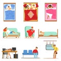 People Sleeping In Different Positions At Home And At Work, Tired Characters Getting To Sleep Series Of Illustrations