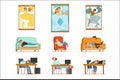 People Sleeping In Different Positions At Home And At Work, Tired Characters Getting To Sleep Set Of Illustrations