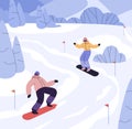 People sliding downhill on snowboards at winter ski resort. Snowboarders couple in equipment riding down slope on snow