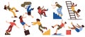 People slipping and falling. Cartoon characters stumble and fall down, accident risk warning and caution sign. Vector