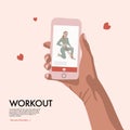 People with smartphone training, home workout flat vector illustration. Women online sport exercise , cardio, yoga class cartoon