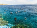 The people snorkeling in blue waters above coral reef on red sea in Sharm El Sheikh, Egypt